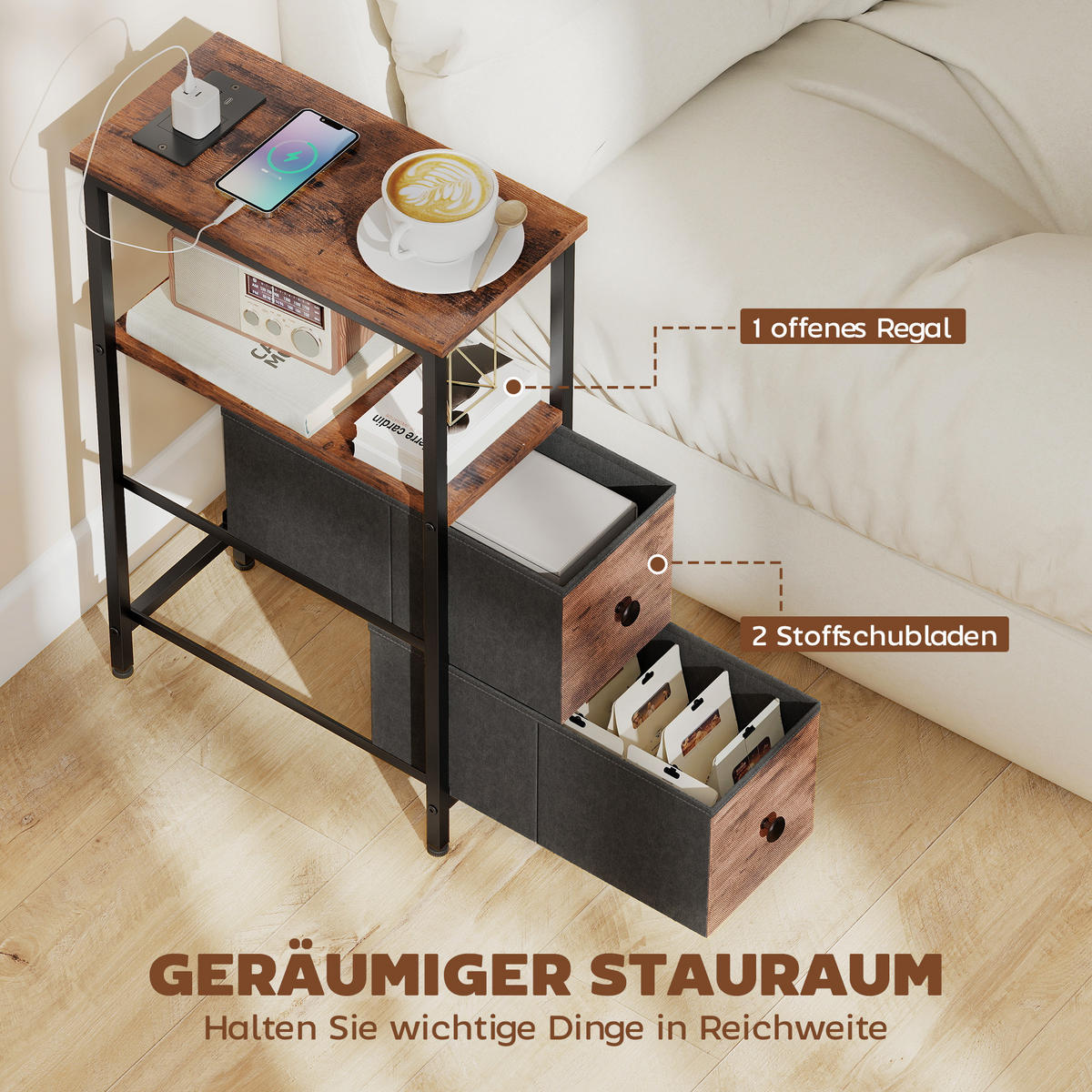 BEISTELLTISCH DE-08771 mit Ladestation & 2 Schubladen Rustikal-Braun - Braun, Metall (40/20/63cm) - ComfortXL