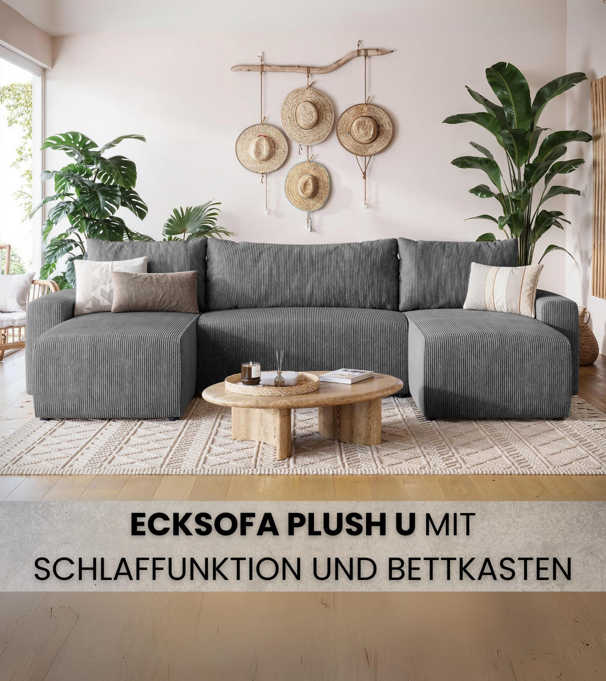 WOHNLANDSCHAFT Plush mit Schlaffunktion Dunkelgrau Cord - Dunkelgrau, Kunststoff/Textil (315/72/145cm) - Bromarkt