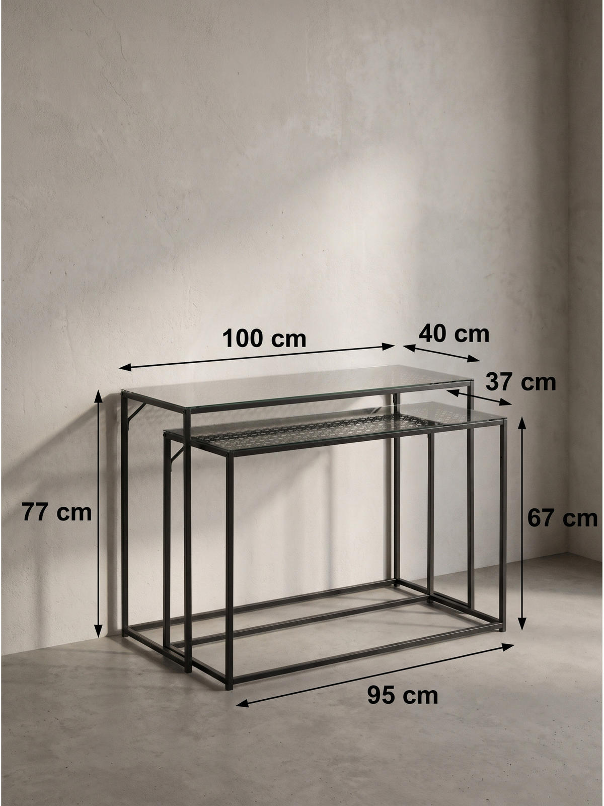 KONSOLENTISCHE 2er-Set ALCUDIA, Einscheibensicherheitsglas, Schwarz, 100 x 40 x 77 cm - Schwarz, Glas/Metall (40/100/77cm) - KADIMA DESIGN