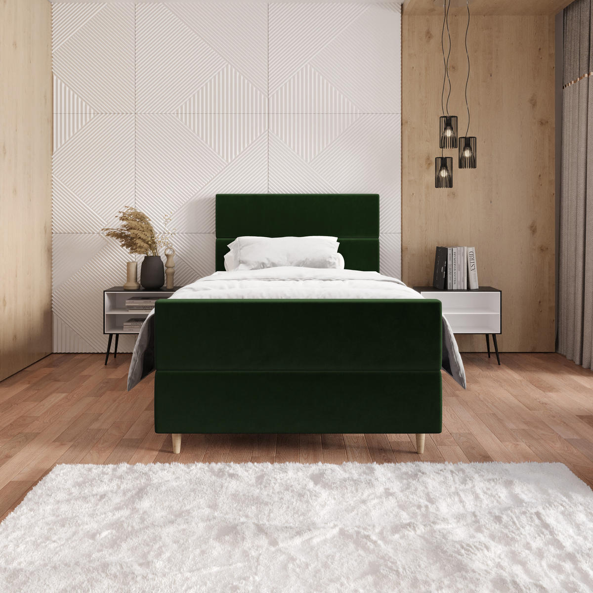 BOXBETT FLO PLUS 100x200 Itaka 10, mit Matratze H3, Bonell und Topper, Dunkelgrün - Dunkelgrün, Holz/Textil (100/200cm) - Bedante