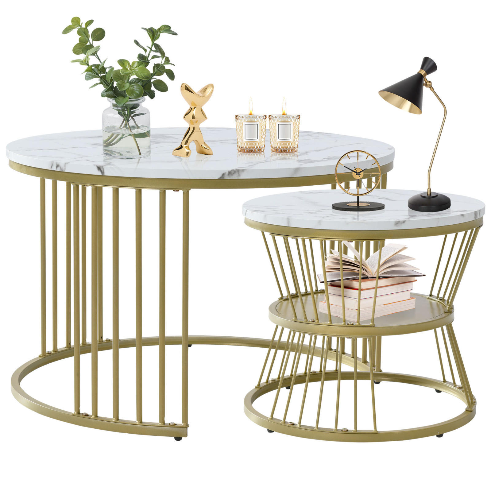 COUCHTISCH Nesting, 2er-Set, runde MDF-Tische, weiß, goldener Rahmen, modern - Weiß, Metall (70/70/45cm) - EuroLiving