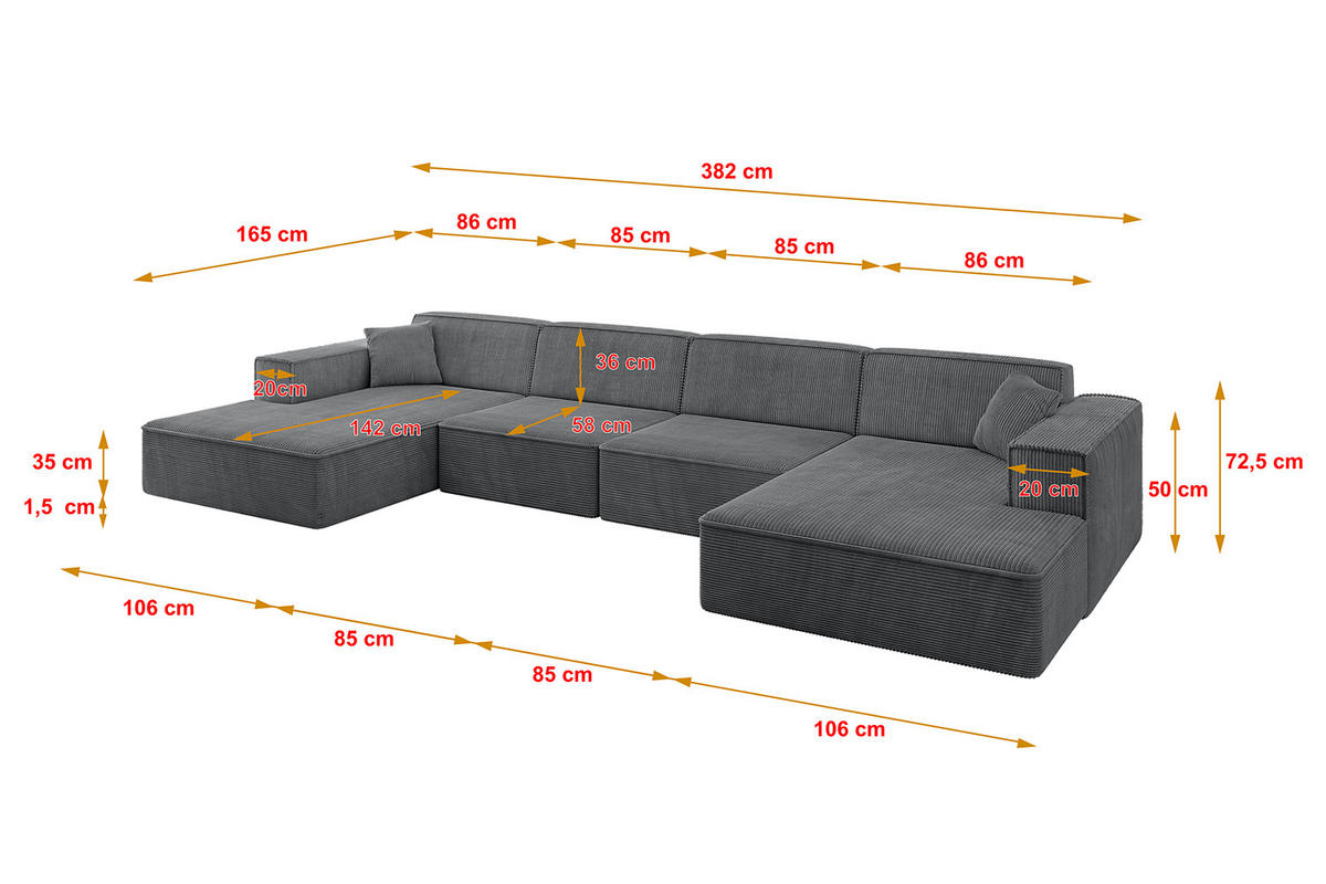 WOHNLANDSCHAFT IREA-U2-v4 - 382x165x72,5 cm Duneklgrau - Dunkelgrau, Holzwerkstoff/Textil (382/72/165cm) - ALTDECOR