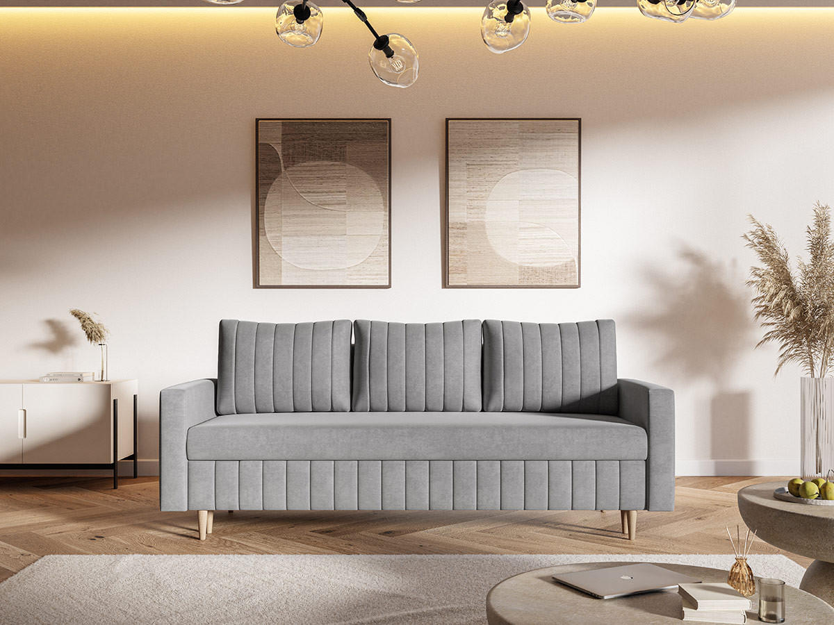 SCHLAFSOFA 215 cm Scandi, 3-seater, Bettkasten, Beine, Hellgrau - Hellgrau, Holz (215/94/90cm) - Emporius