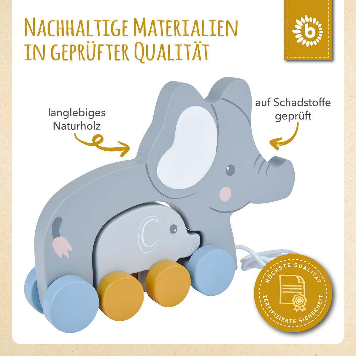 NACHZIEHELEFANTEN Holz Tiko - ab 12 Mona - Grau, Holz (5.5/23.4cm) - Bieco Spielwaren