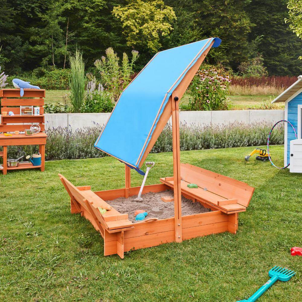 SANDKASTEN mit Sonnensegel BUDDELKISTE - 110 x 110 cm - Blau/Naturfarben, Holz (110/110/110cm) - Home Deluxe