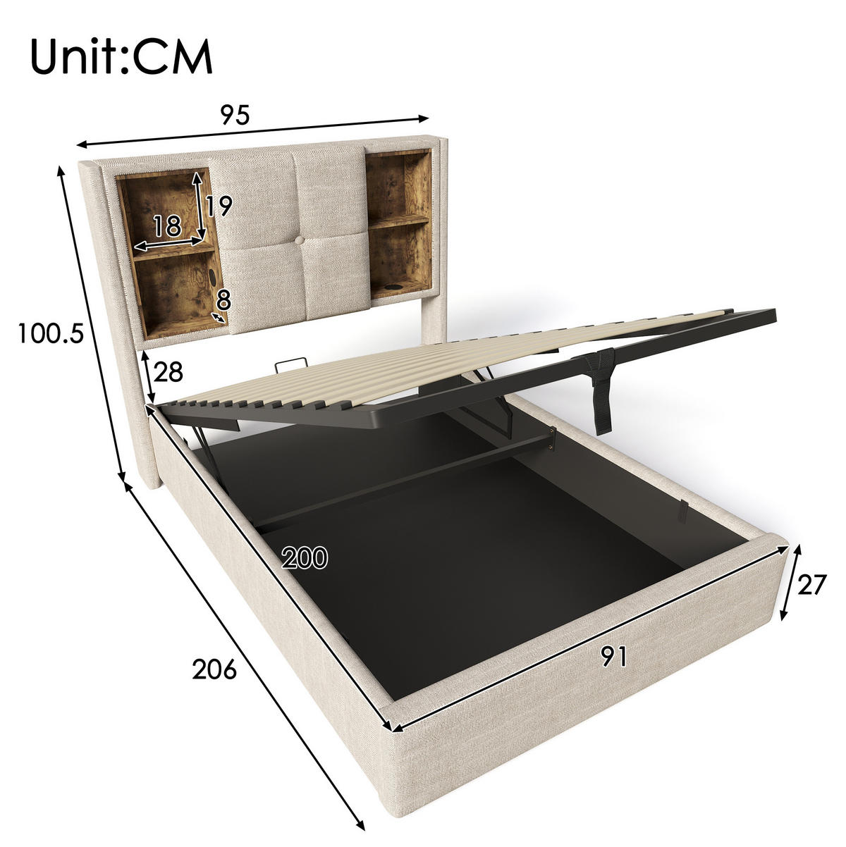 POLSTERBETT mit Bettkasten 90/200 cm mit USB-C und kabellosem Laden - Naturfarben, Textil (90/200cm) - BEAOK