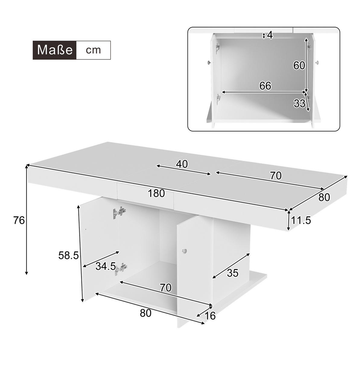 JEDILNA miza 140/180/80/76 cm z avtomatskim raztezanjem in prostorom za shranjevanje, bela - bela, leseni material (180/80/76cm) - Redom