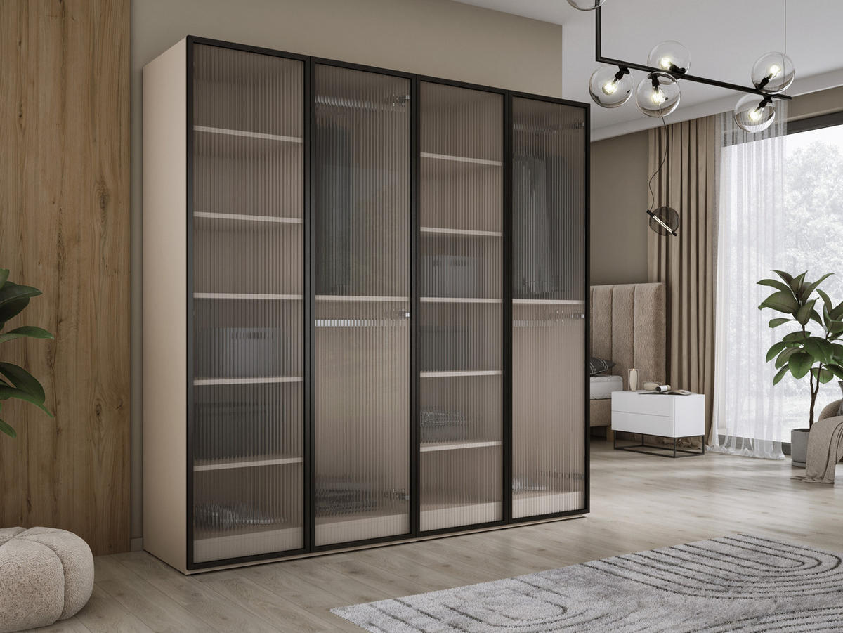 KLEIDERSCHRANK, Sandbeige / Gerilltes Glas, 200 x 200 x 51 cm - Sandfarben/Naturfarben, Holzwerkstoff (200/200/51cm) - 3XE LIVING