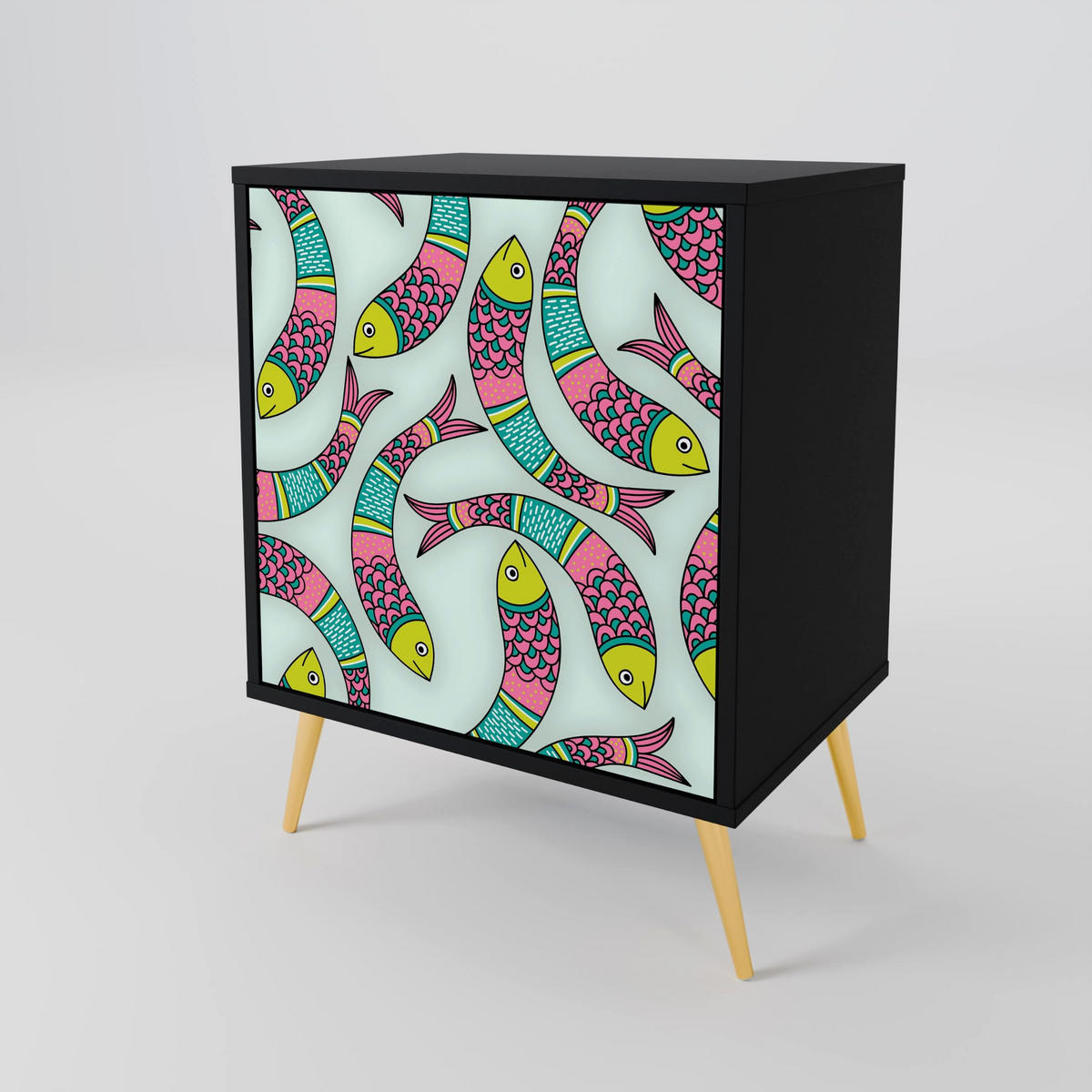 SIDEBOARD INDIAN FISH, Schwarz, 57,5x42x67,5 cm, Schwarze Metall-Rahmenfüße - Multicolor/Schwarz, Holzwerkstoff/Metall (57.5/67.5/42cm) - SpaceRebels