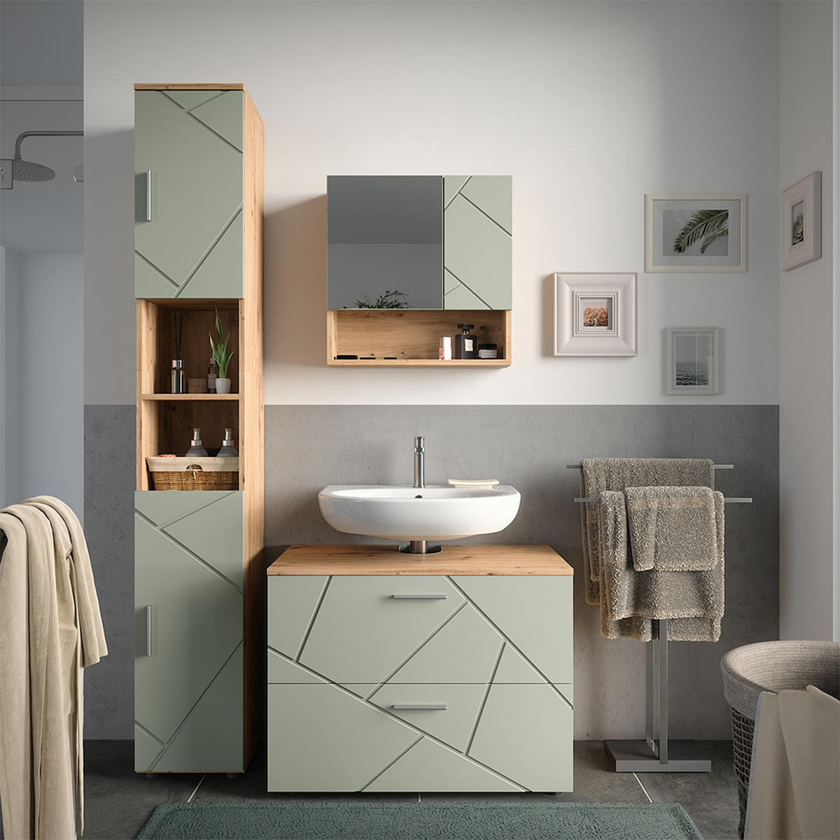 BADMÖBEL-SET Irma Salbeigrün 3 Teile - Salbeigrün, Holzwerkstoff (80/58.6/41cm) - Vicco