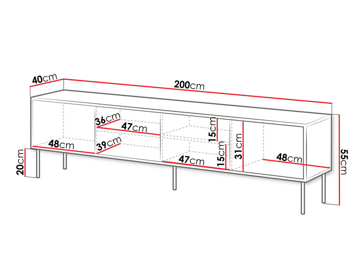 TV-LOWBOARD Cortina 200 4D - Schwarz/Braun, Holzwerkstoff/Metall (200/55/40cm) - MIRJAN24