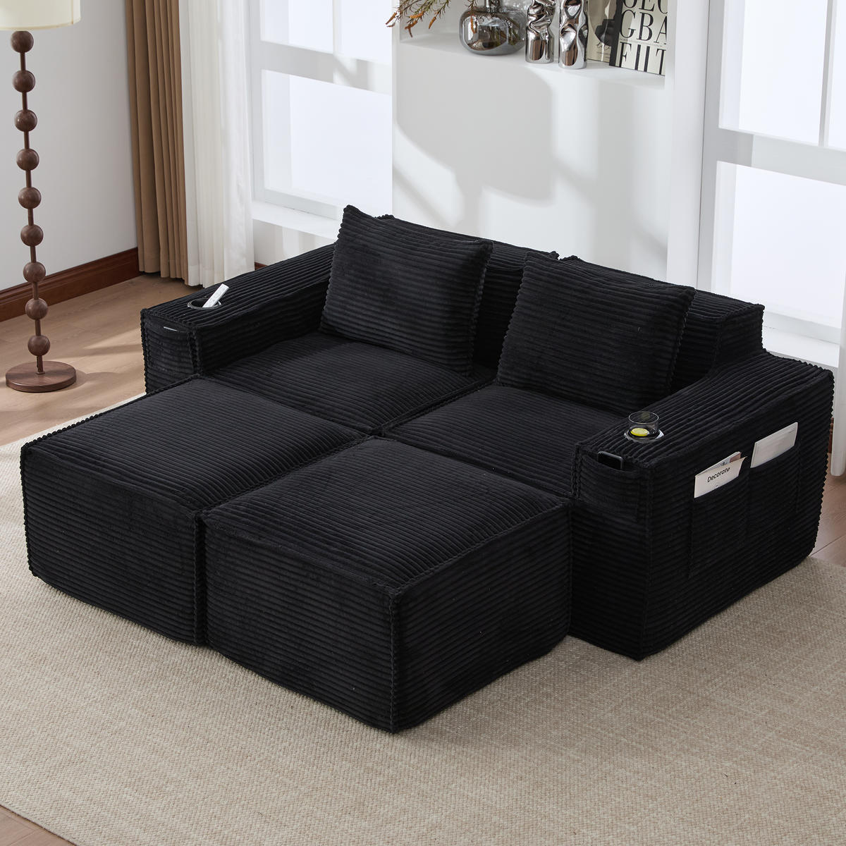 2-SITZER-SOFA DE-33836 mit 2 Hockern Schwarz - Schwarz, Textil (188/75/162cm) - ComfortXL