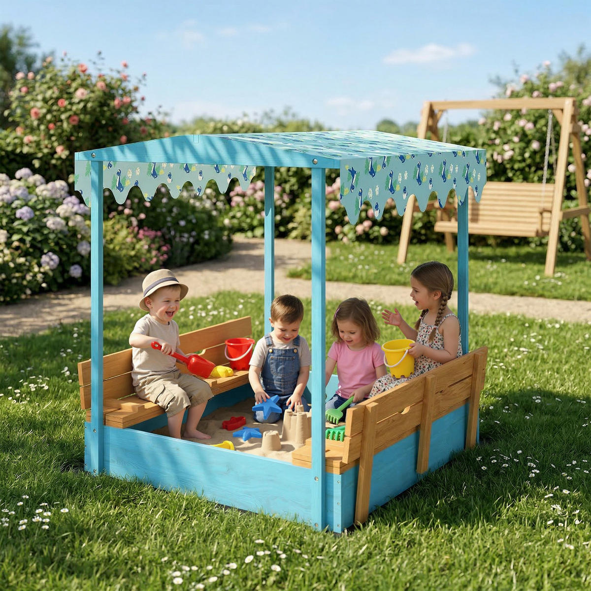 SANDKASTEN DE-18760 mit Klappbänken & Flamingo-Sonnensegel Blau - Blau, Holzwerkstoff (134.5/127.5/130cm) - ComfortXL