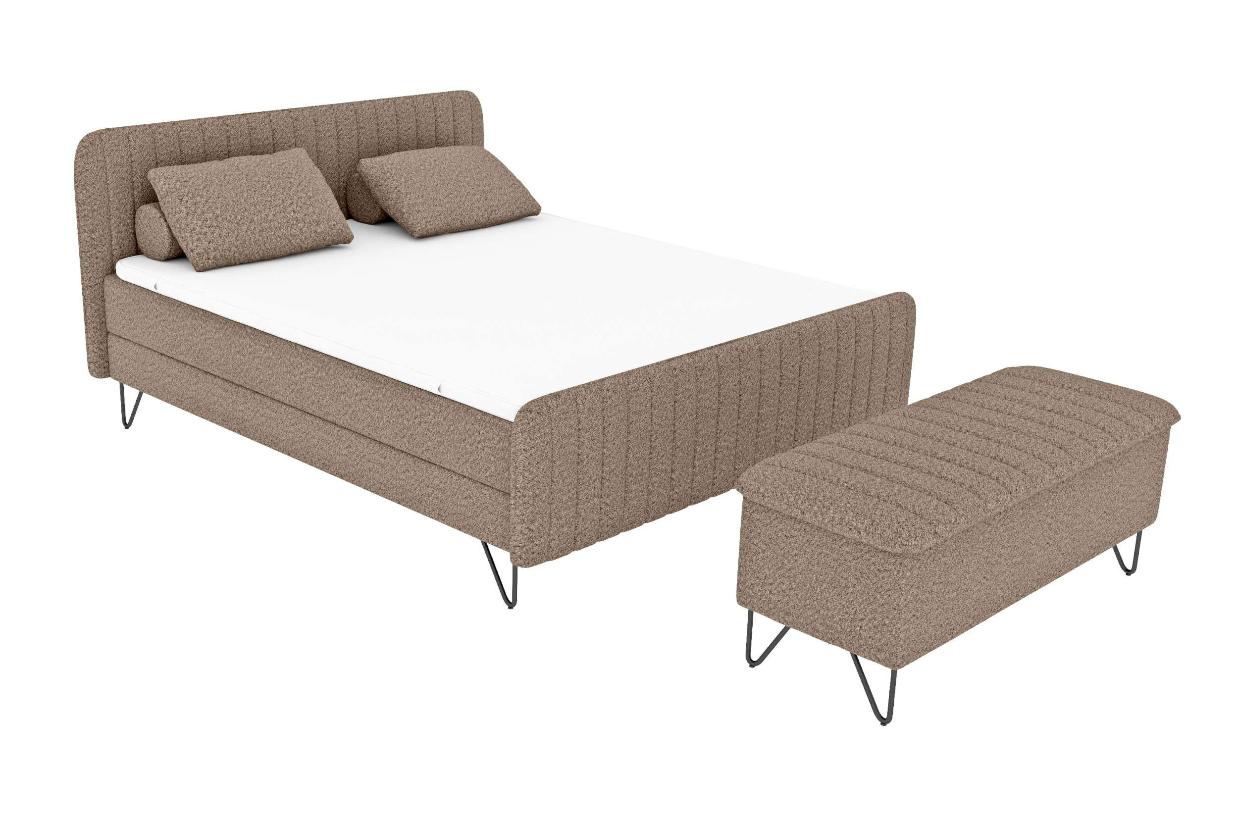 BOXSPRINGBETT LUCIO mit Hocker Bouclé-Stoff Taupe 180/200 cm - Taupe/Schwarz, Textil/Metall (180/200cm) - 99rooms