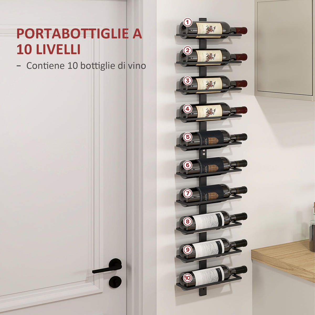 WEINREGAL, wandmontiert, 10 Ablagen, Stahl, schwarz, 27x10x116cm - Multicolor, Metall (27/116/10cm) - FORIOUS