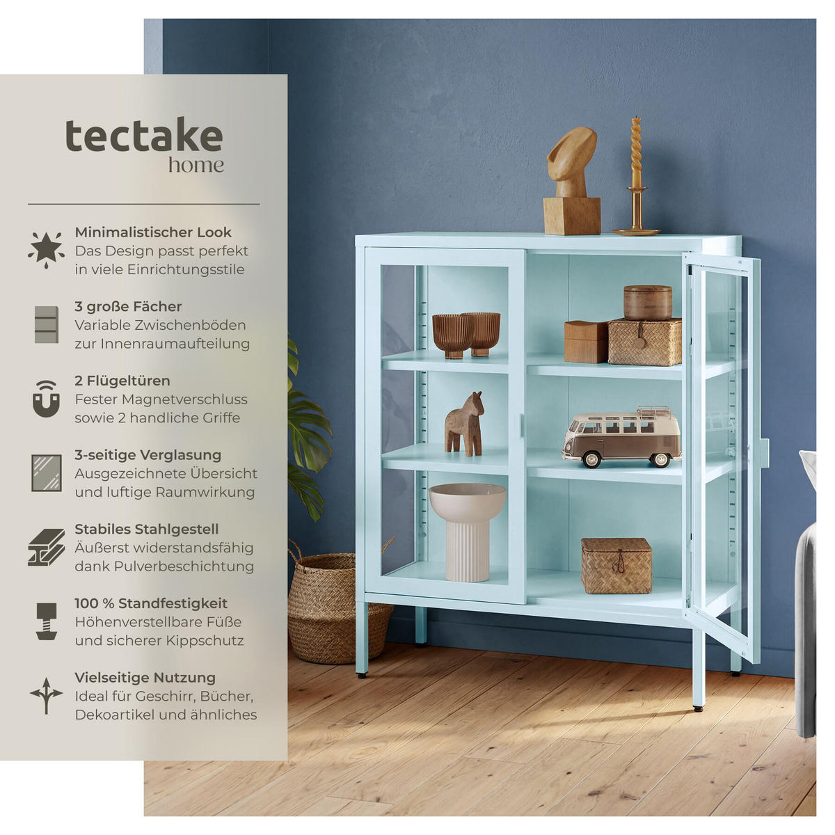 METALLVITRINE Baker, Kippschutz, höhenverstellbare Füße, grau/blau - Blau/Grau, Metall (80/90.5/37cm) - tectake