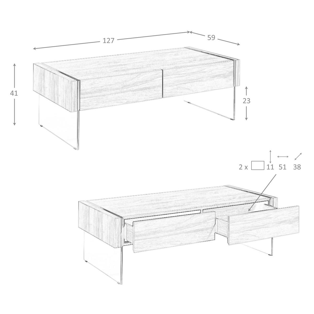 COUCHTISCH Rechteckiger Couchtisch Nussbaum und gehärtetes Glas 127/59/41 cm - Transparent/Nussbaumfarben, Glas/Holz (59/127/41cm) - ANGEL CERDA