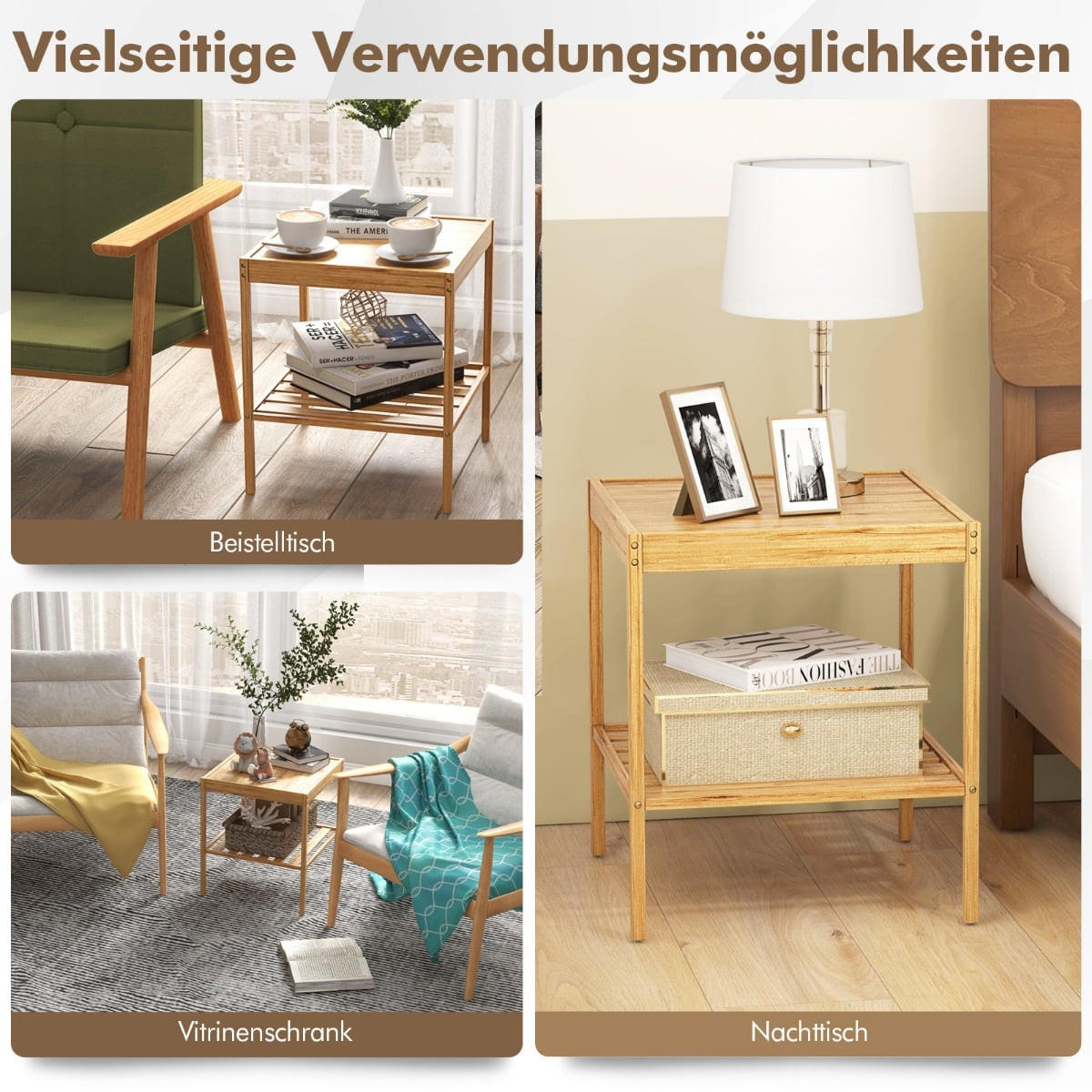NACHTTISCHE 2er-Set aus Bambus, 2-stufiger Beistelltisch 40 x 40 x 45 cm, Natur - Naturfarben, Naturmaterialien/Holzwerkstoff (40/45/40cm) - DESIGN IN