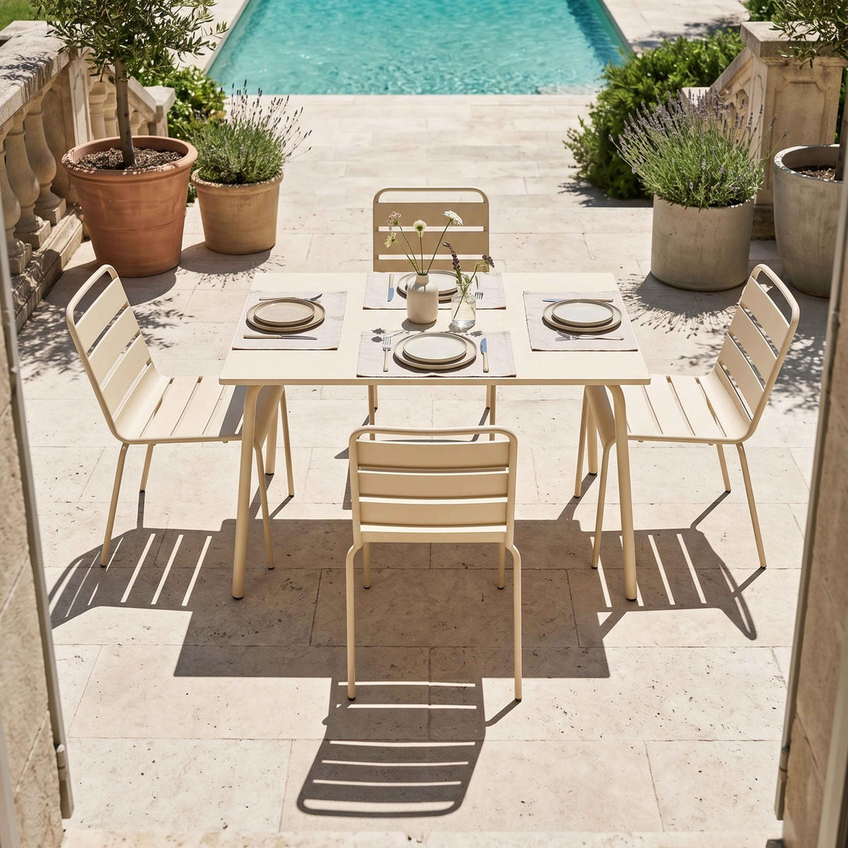 GARTENSET 5-tlg., Elfenbeinfarbe - Beige, Metall - Oviala