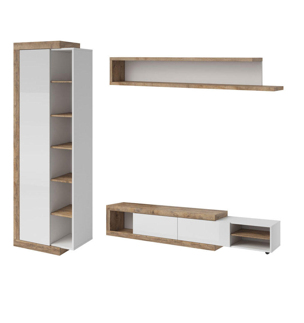 WOHNWAND 3-teilig Saragossa weiß Hochglanz / Samdal Eiche - Weiß Hochglanz/Braun, Holz/Holzwerkstoff (227/200/40cm) - Feldmann-Wohnen