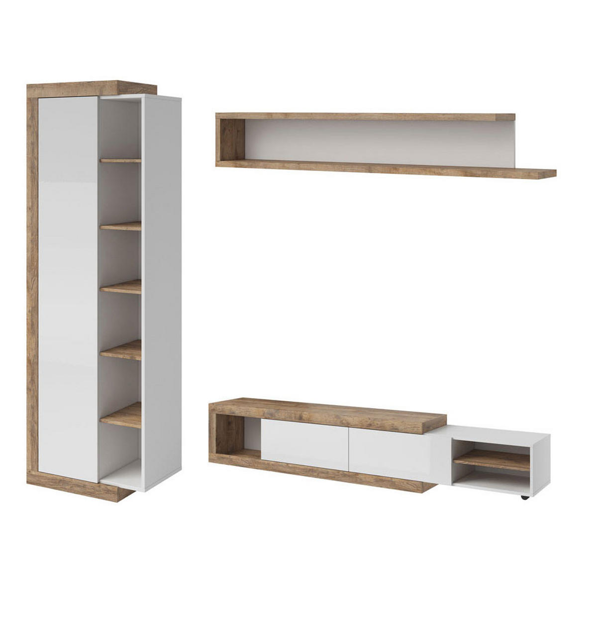WOHNWAND 3-teilig Saragossa weiß Hochglanz / Samdal Eiche - Weiß Hochglanz/Braun, Holz/Holzwerkstoff (227/200/40cm) - Feldmann-Wohnen