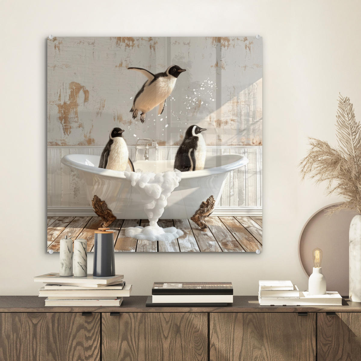 ACRYLGLASBILD Vintage - Pinguin - Badewanne - Schaumstoff 50x50 cm - Schwarz, Glas (50/50cm) - MuchoWow