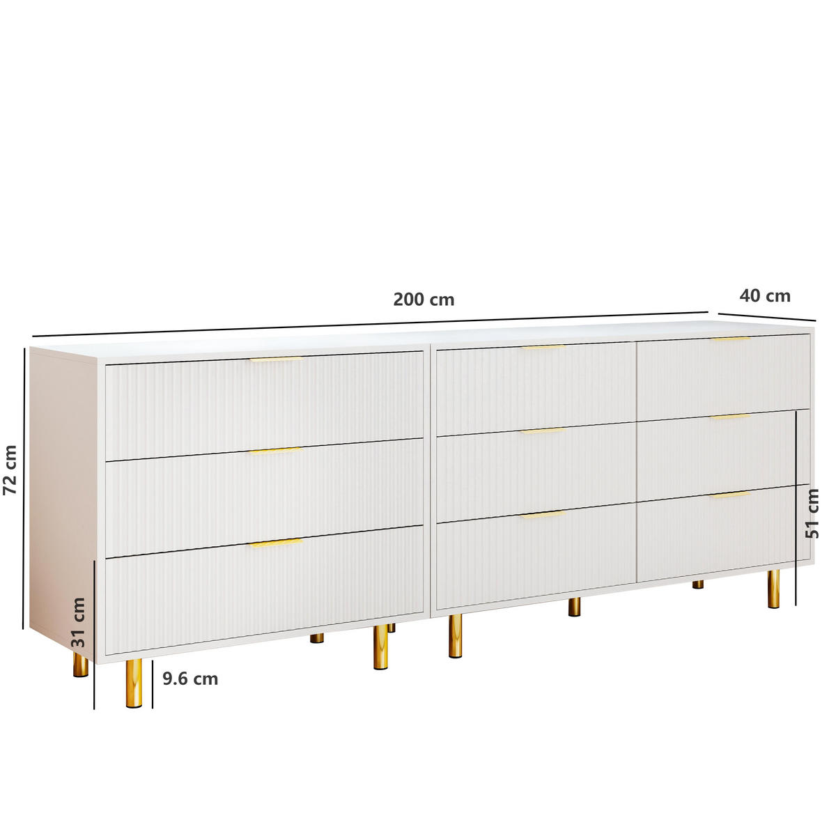 SIDEBOARD aus MDF 200x40x72 cm Weiß mit 9 Schubladen, modularer Aufstellung und goldfarbenen Metallbeinen - Weiß, Holzwerkstoff (200/72/40cm) - Modfu