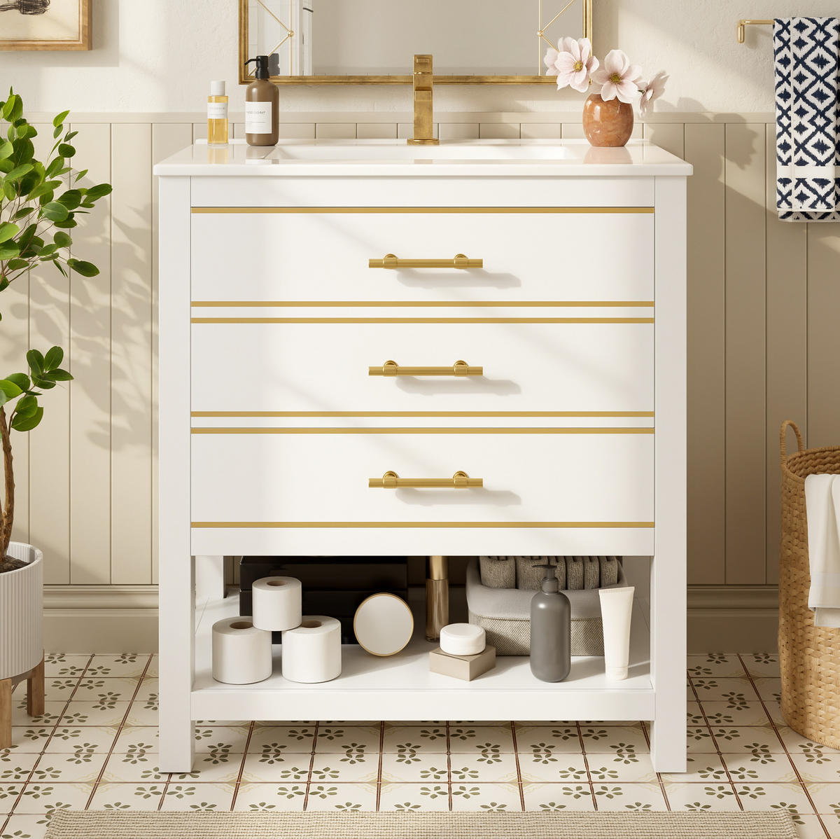 WASCHTISCH mit Keramikbecken 76 cm Weiß Gold - Weiß, Holzwerkstoff (46.5/86/76cm) - Beauniv