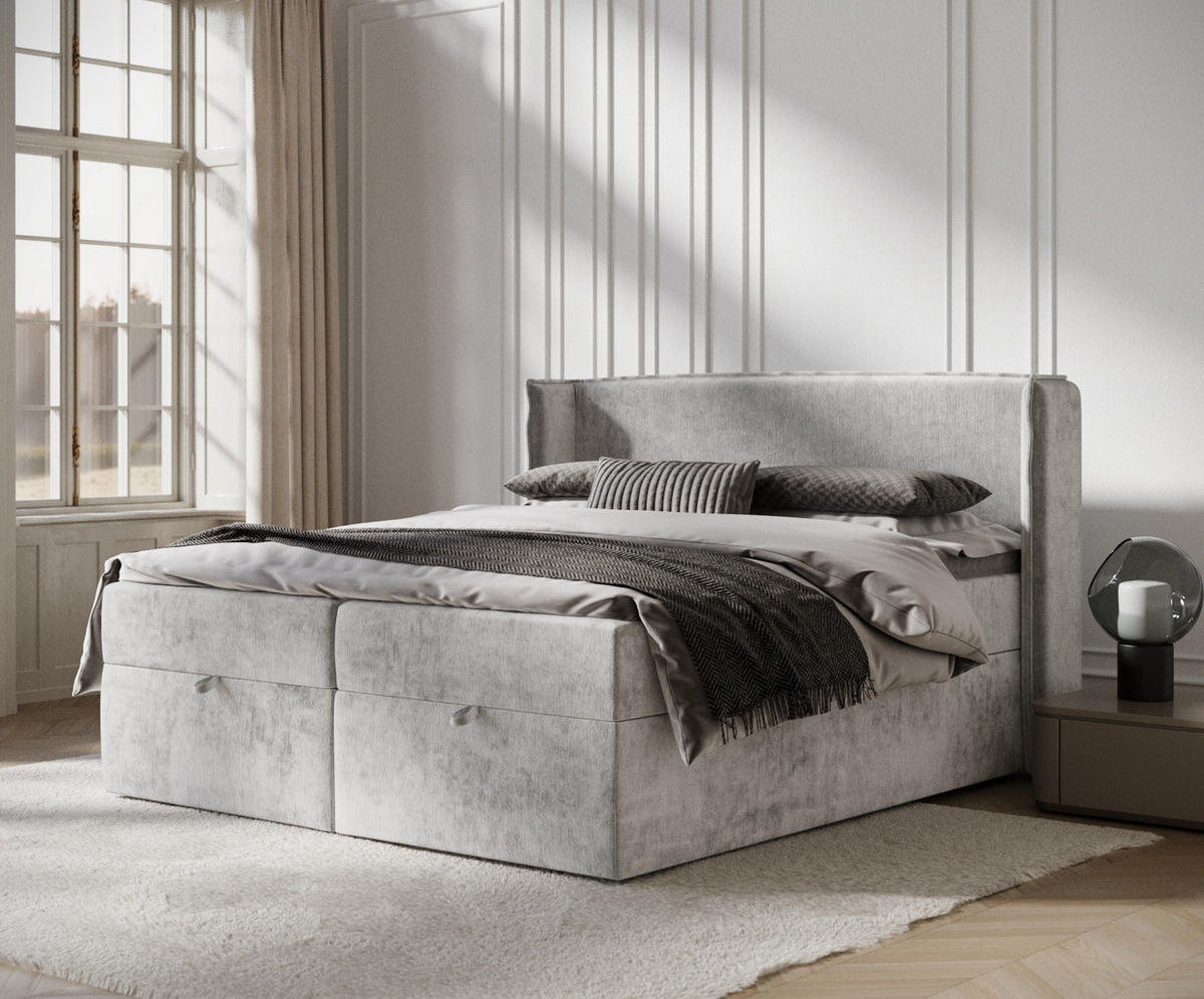 BOXBETT Passion Hellgrau 140/200 cm mit Matratze und Topper - Schwarz/Grau, Holz/Holzwerkstoff (140/200cm) - Maison de Reve