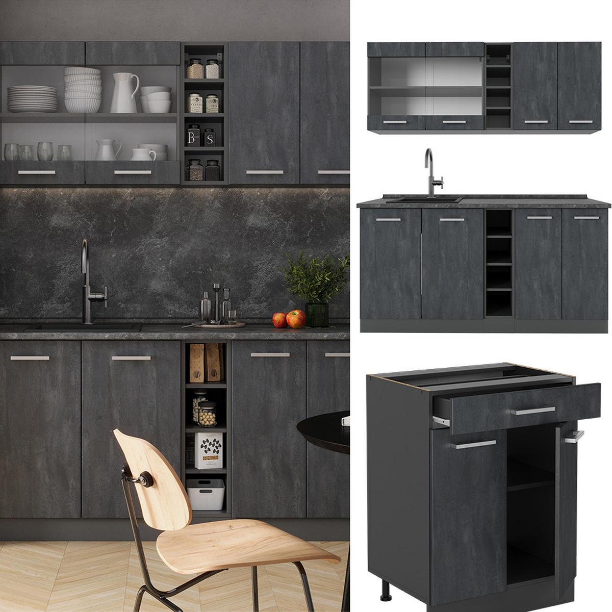 SINGLEKÜCHE R-Line Schwarz Beton/Anthrazit 160 cm AP Eiche - Anthrazit/Schwarz, Holzwerkstoff (160/81.6/60cm) - Vicco