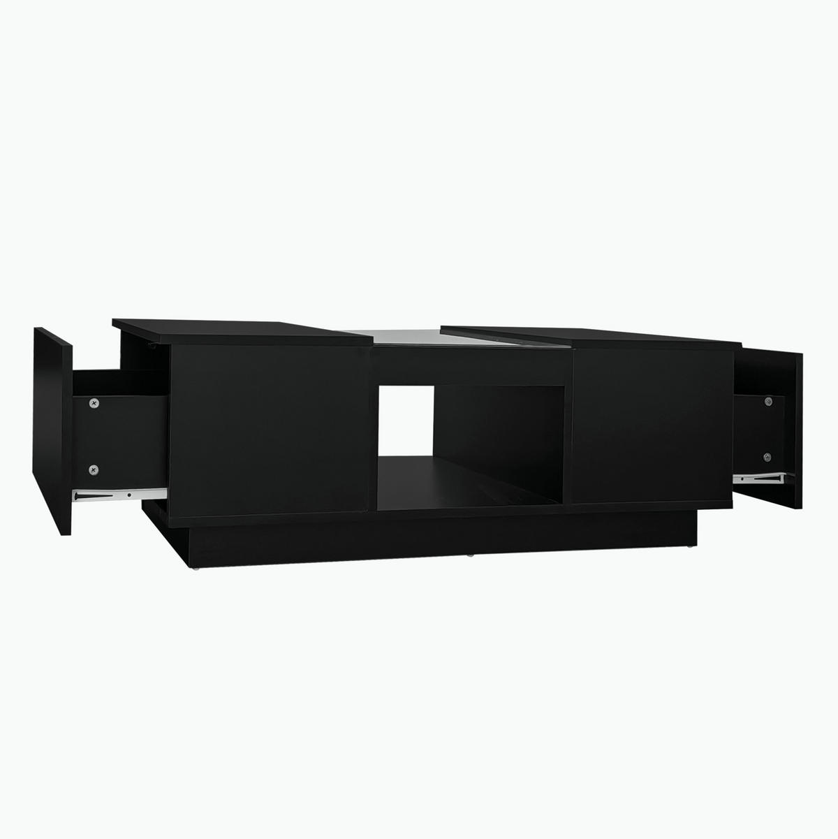 COUCHTISCH aus Spanplatte 100x50x35,5 cm Schwarz mit Glaseinsätzen, LED-Beleuchtung und 2 Schubladen - Schwarz, Holzwerkstoff (100/50/35.5cm) - IVMEU