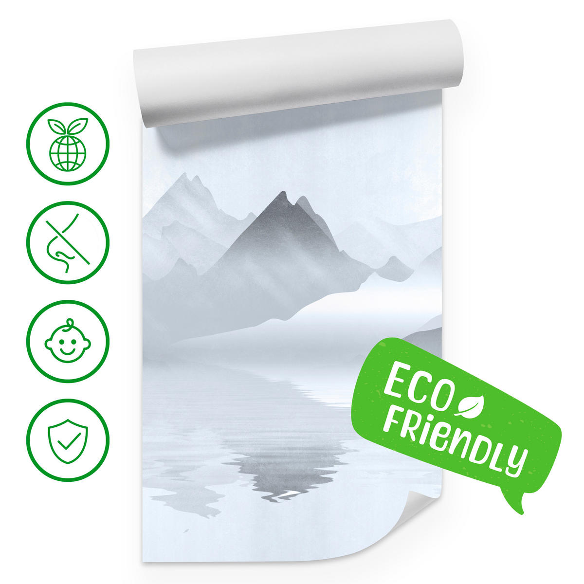 FOTOTAPETE für Wohnzimmer Aquarell Graue Berge See 400x280 - Weiß/Grau, Papier (400/280cm) - Muralo