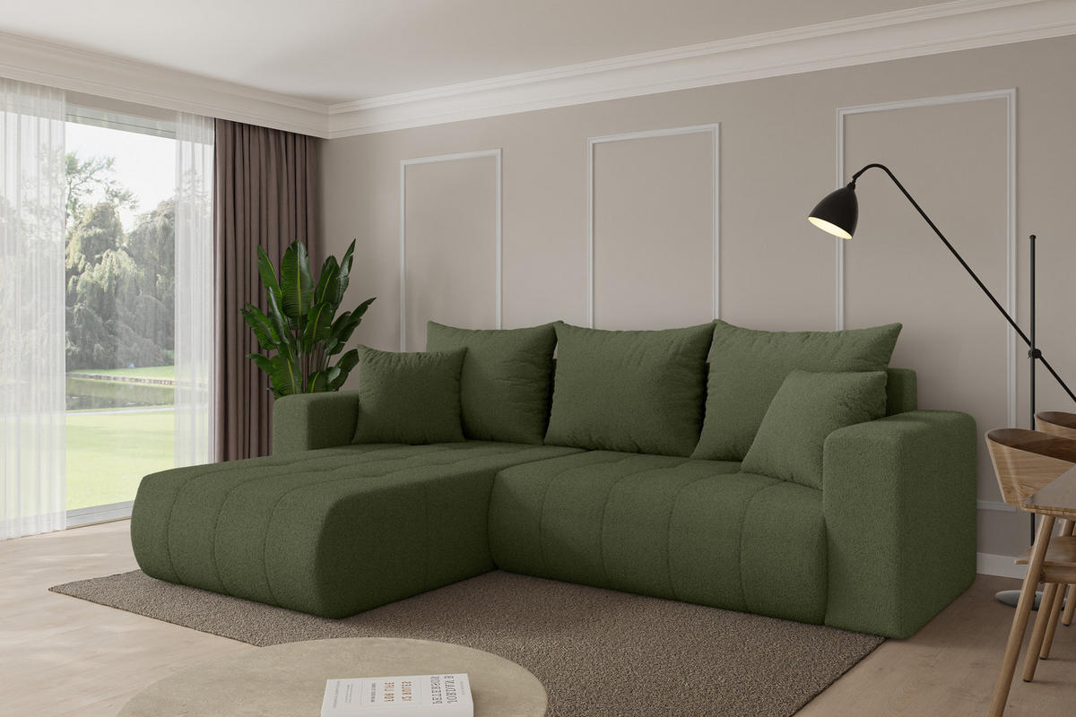 ROHOVÁ SEDAČKA s funkcí spaní, otoman vlevo MILA-L 277x194x86 zelená bouclé - černá/zelená barva, kompozitní dřevo/textil (277/194cm) - ALTDECOR