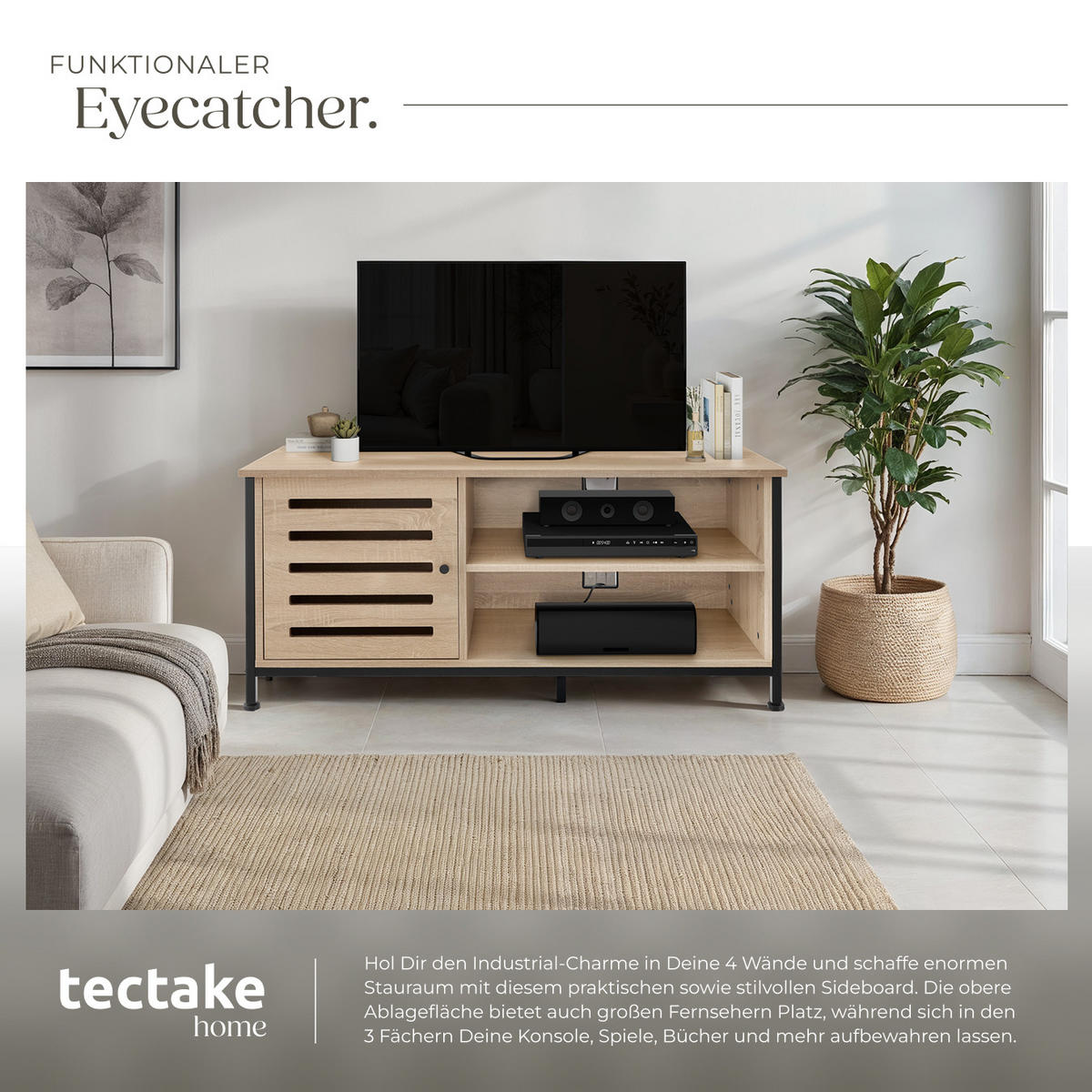 TV-BOARD Galway,110 x 41,5 x 50,5 cm,Industrial Holz hell, Eiche Sonoma - Naturfarben, Holzwerkstoff (41.5/50.5/110cm) - tectake