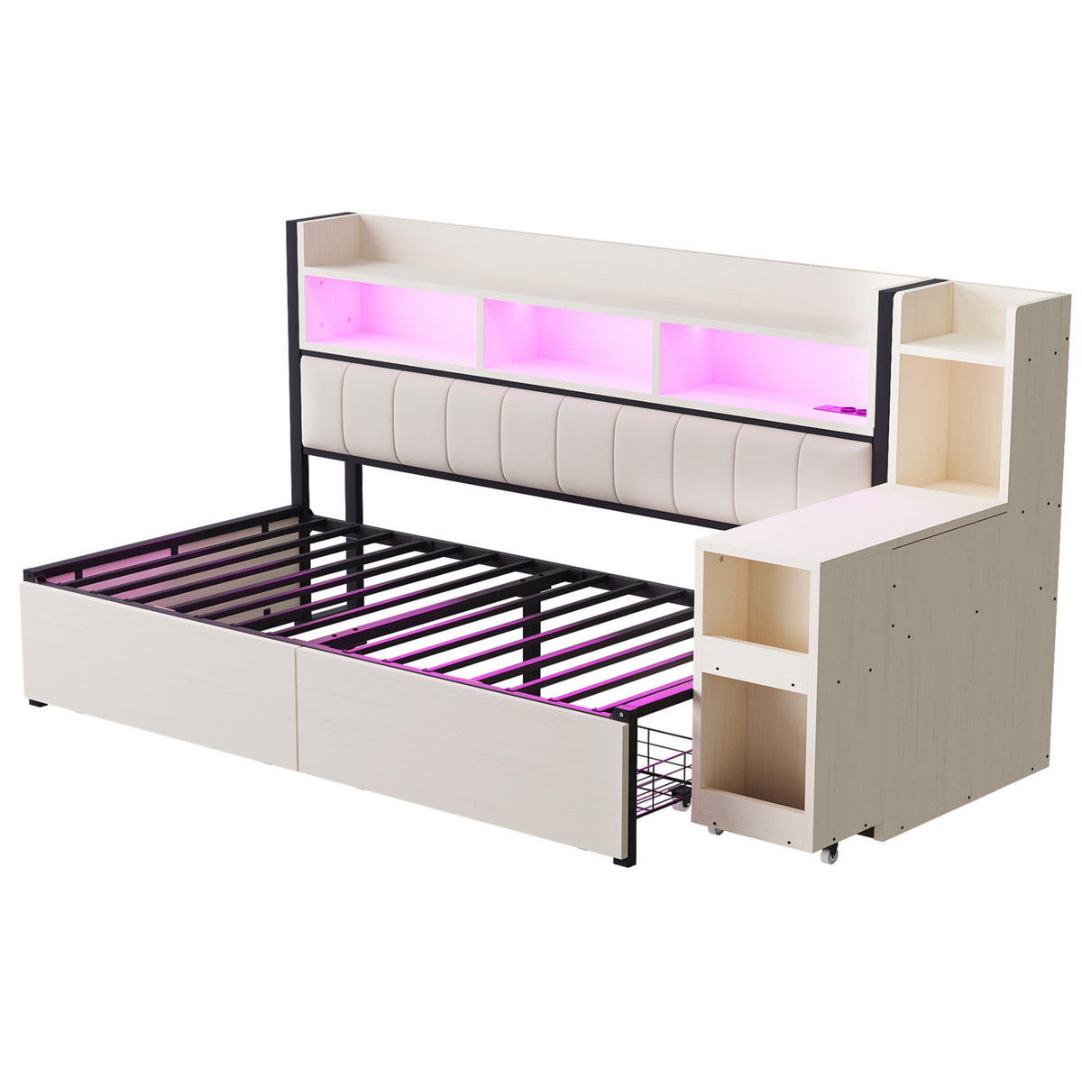KREVET 90/200 cm s pomičnim radnim stolom, skrivenim spremištem i utičnicama, Bijela - bijela, metal (90/200cm) - Redom