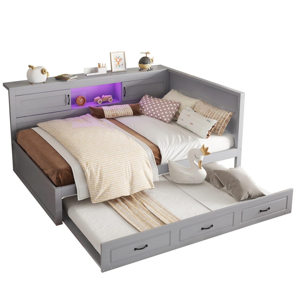 MULTIFUNKTIONSBETT 140/200 cm grau mit LED-Leuchten und ausziehbarem Bett - Grau, Holzwerkstoff (140/200cm) - OKWISH