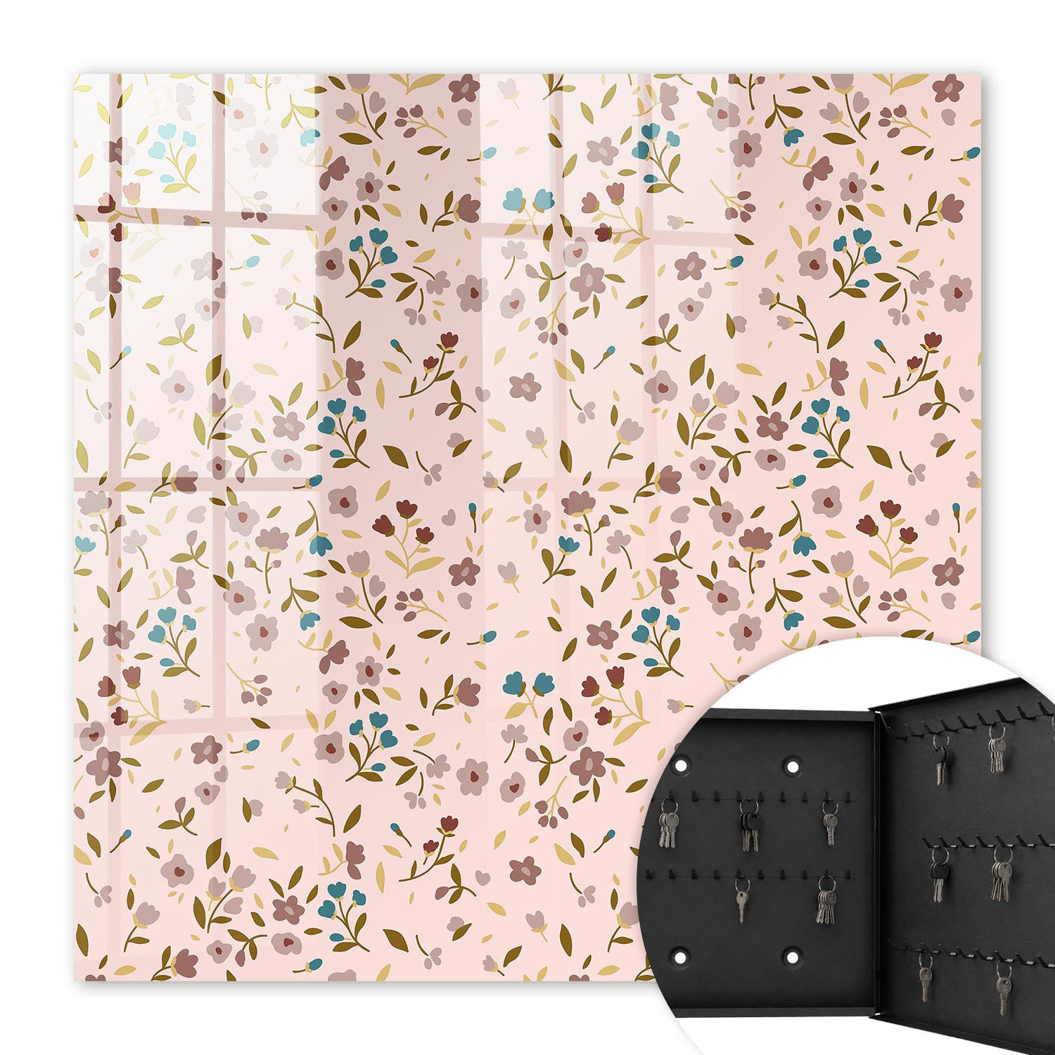 SCHLÜSSELBOX Schwarz 30x30 cm- Türöffnung nach rechts - Blumenmuster - Pink, Metall (30/30/5cm) - TULUP