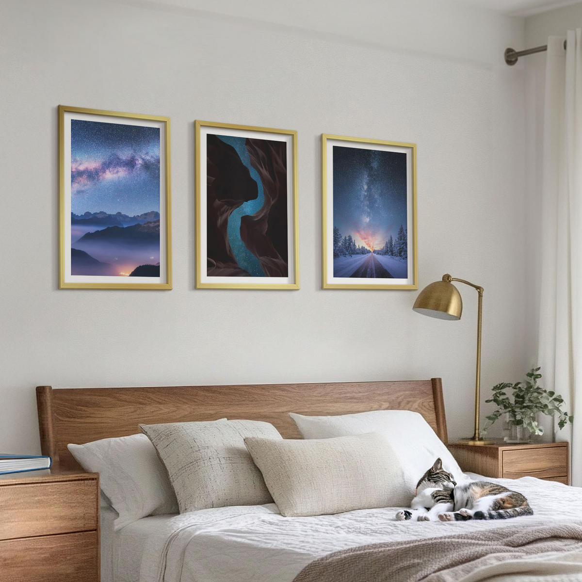 WANDBILDER 3er Set - 40x60 cm Goldrahmen - Nachthimmel, Berge, Winterlandschaft - Goldfarben, Kunststoff (40/60cm) - ArtPrintCave