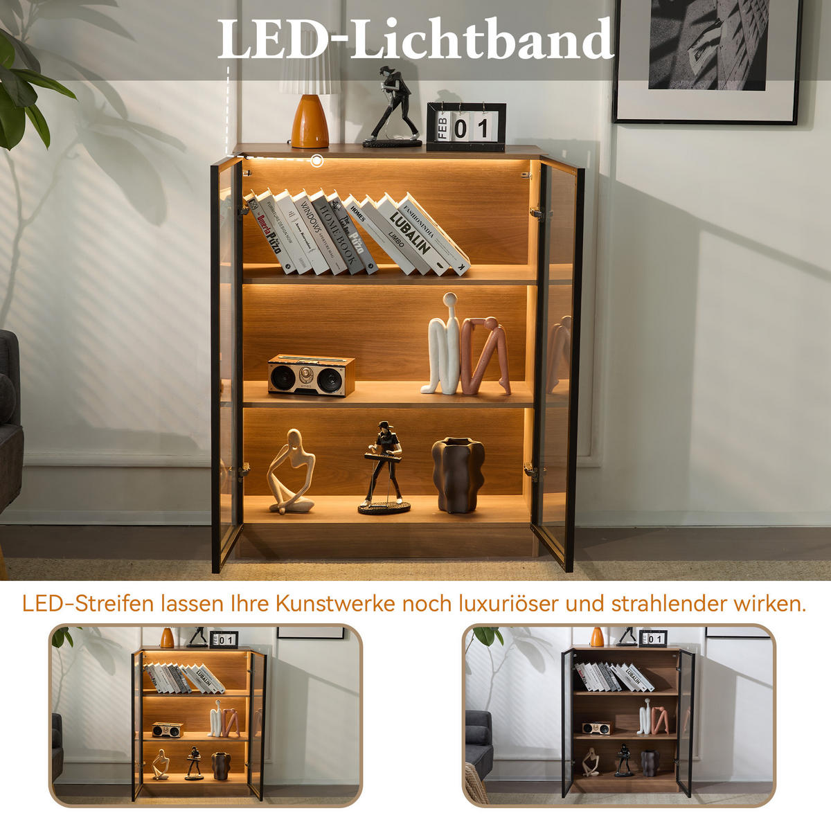 VITRINENSCHRANK Natur Glas LED 3 Böden 80x32x106cm - Walnussfarben, Holzwerkstoff (32/106/80cm) - FLIEKS