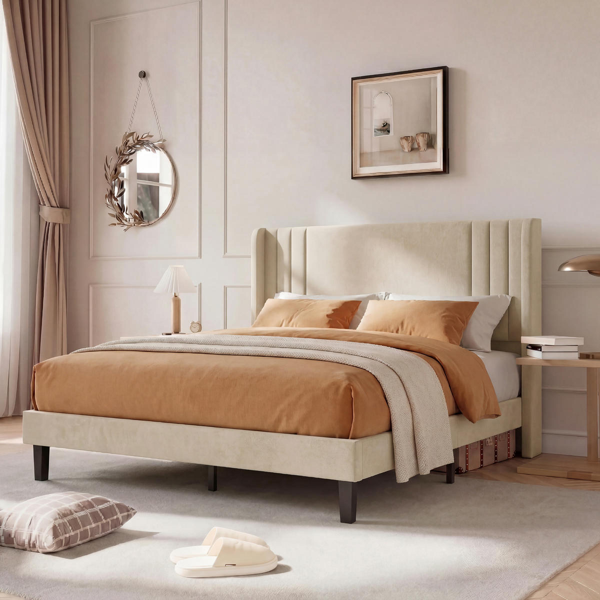 POLSTERBETT 160x200 cm Kopfteil Lattenrost Stoff beige modern - Beige, Holz (160/200cm) - LEBENLANG