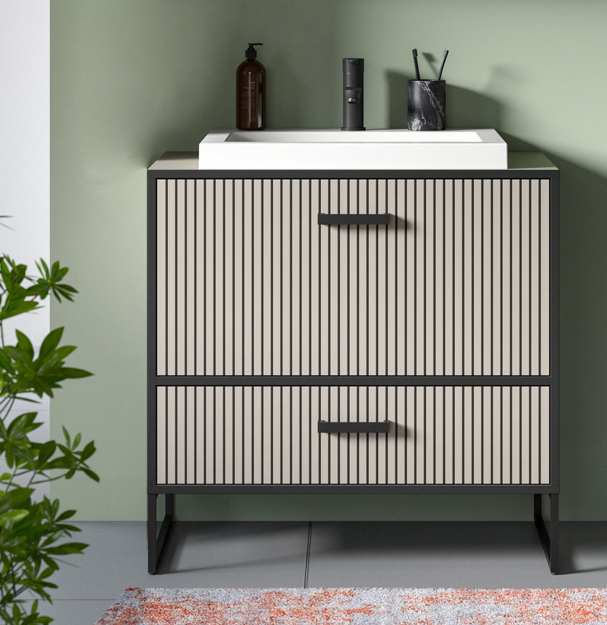 WASCHBECKENUNTERSCHRANK mit Waschbecken schwarz, sand 80 cm mit Soft-Close - Sandfarben/Schwarz, Keramik/Holzwerkstoff (80/84/48cm) - Inn.Furn
