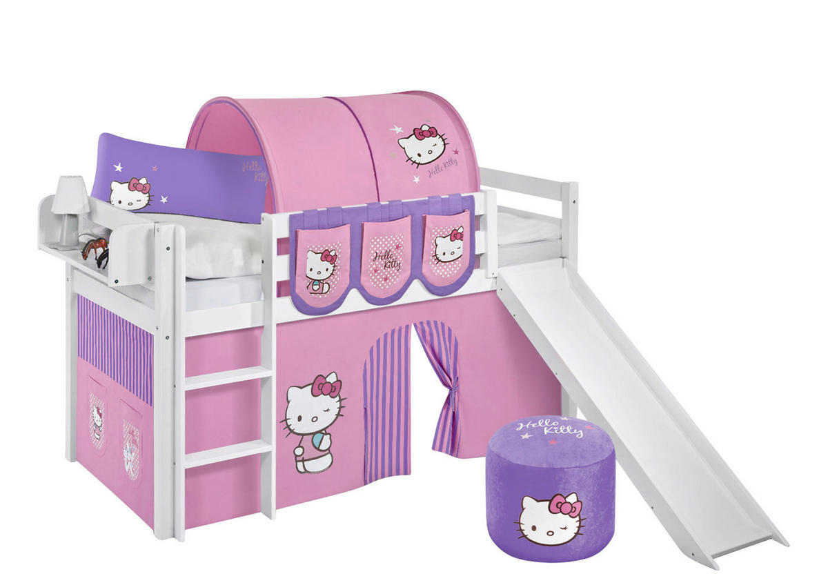 SPIELBETT JELLE Hello Kitty Lila - Hochbett - mit Rutsche und Vorhang - Weiß, Holz - Lilokids
