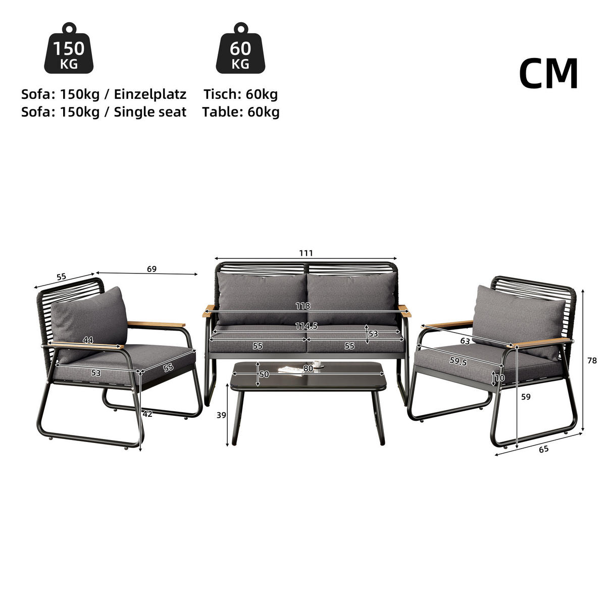 GARTEN-LOUNGE-SET mit Metallgestell & Glastisch, 118/65/78 cm + 2/ 63/65/78 cm, Schwarz - Schwarz, Metall - Redom
