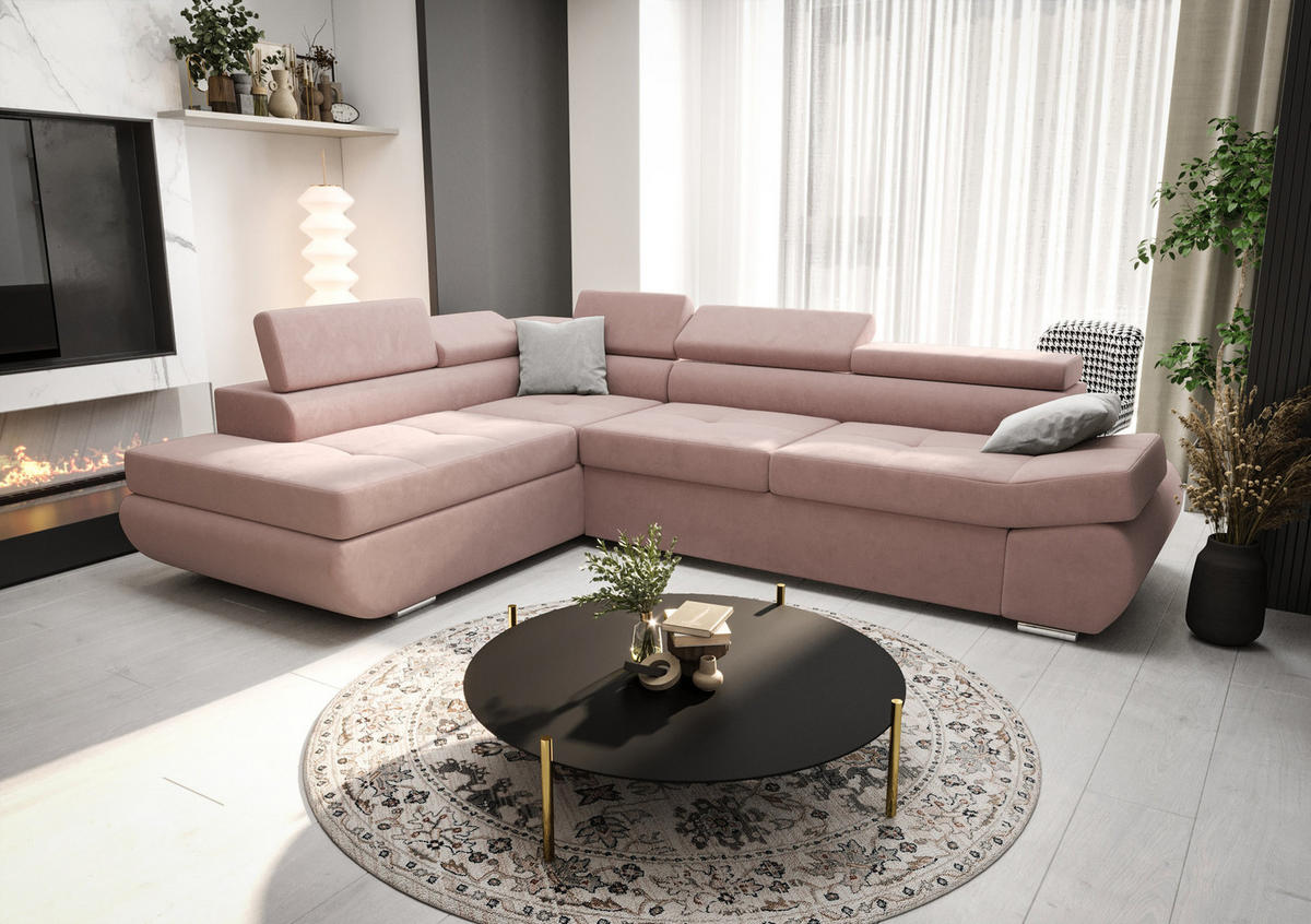 ECKSOFA KONGO RBN03, Eckcouch in L-Form mit Schlaffunktion, Farbe: Rosa, Velourstoff, Ottomane Links - Rosa, Textil (280/200cm) - O-Sofa
