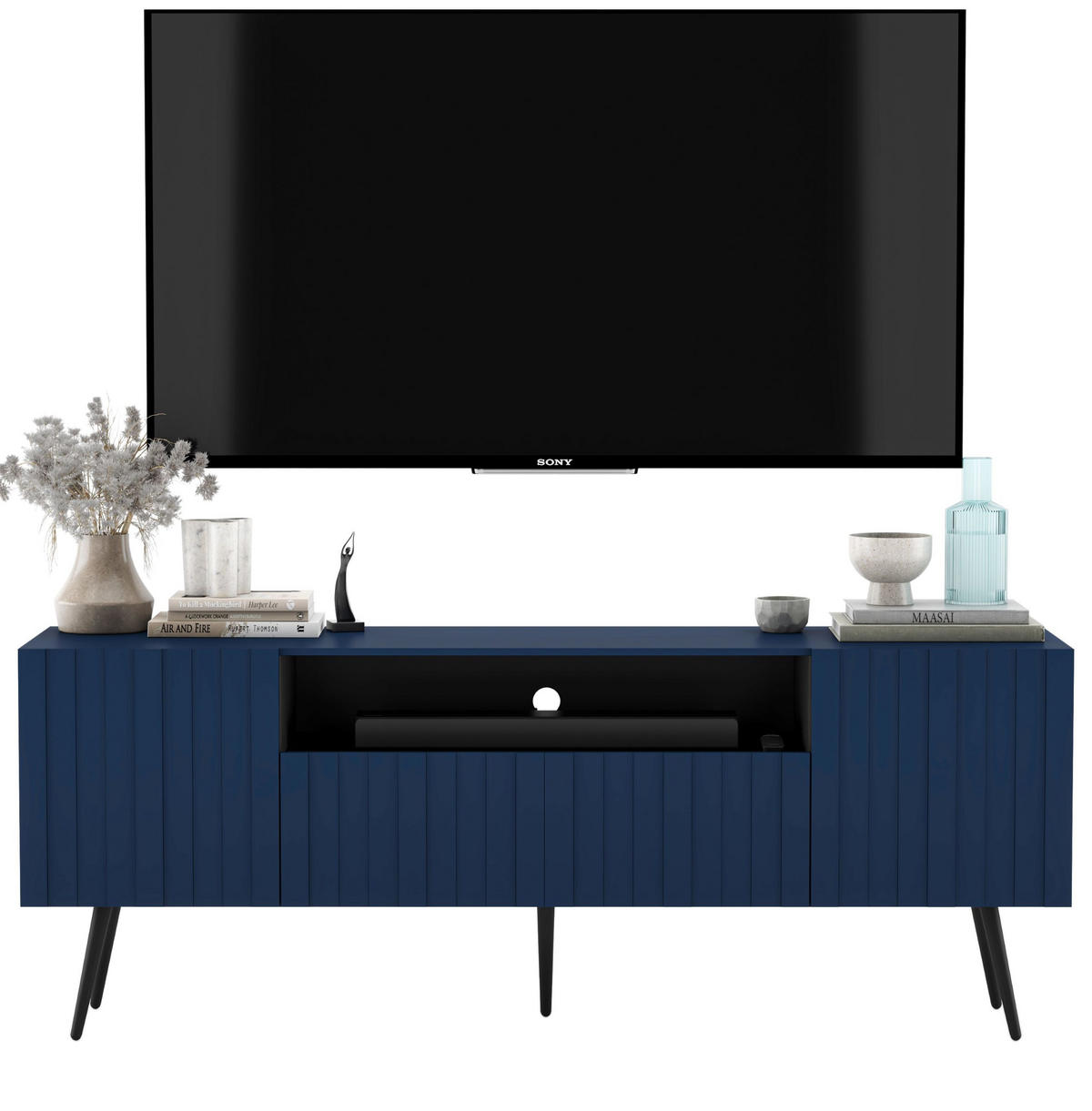 TV-SCHRANK Elpis2 Marineblau Matt mit goldenen Metallbeine Glamour 150 cm - Blau/Goldfarben, Holzwerkstoff/Metall (150/60.5/36.5cm) - Meble Lindner