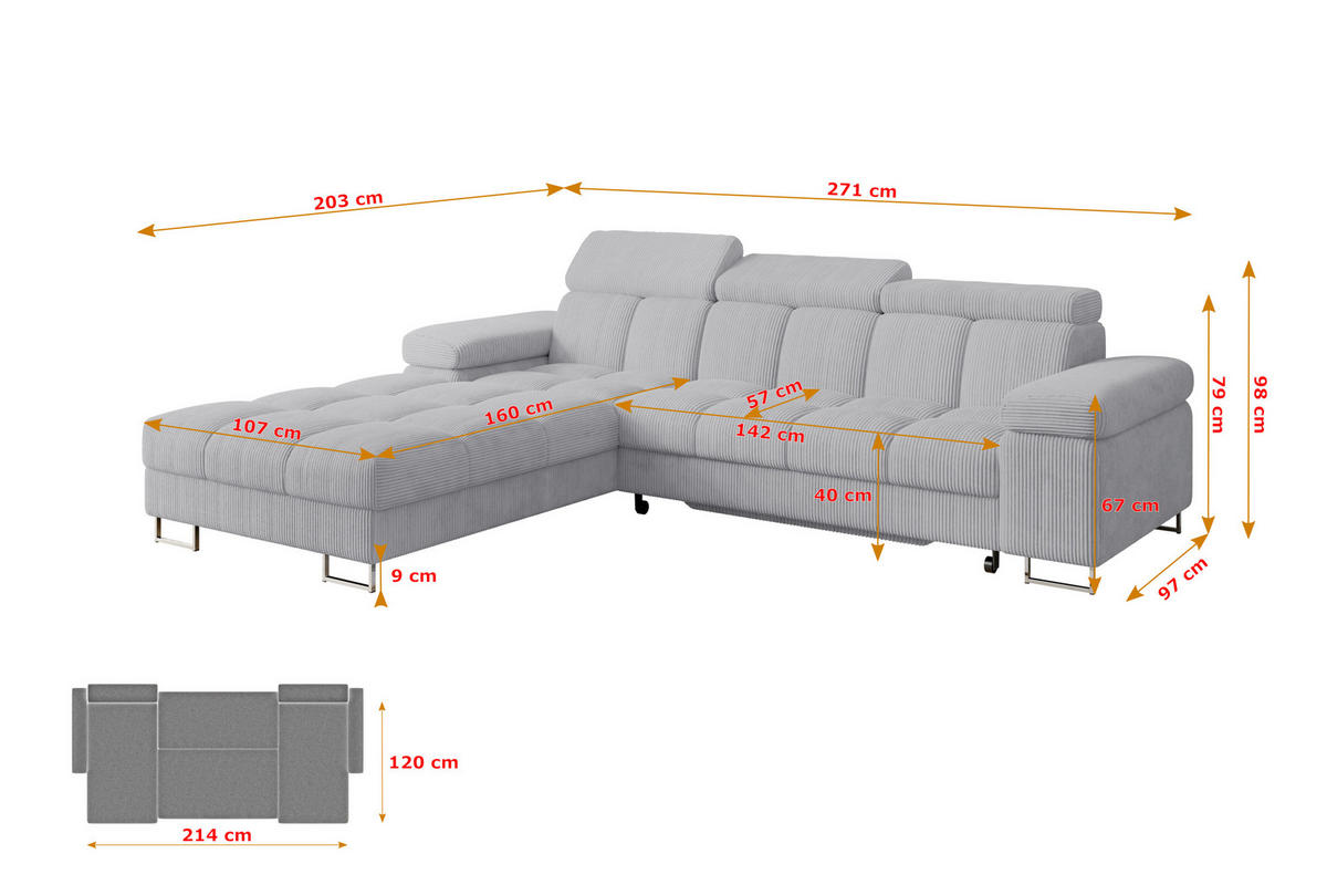 ECKSOFA mit Schlaffunktion Ottomane Links COMA L 271x203x79 Grau Cord - Anthrazit, Holzwerkstoff/Textil (271/203cm) - ALTDECOR
