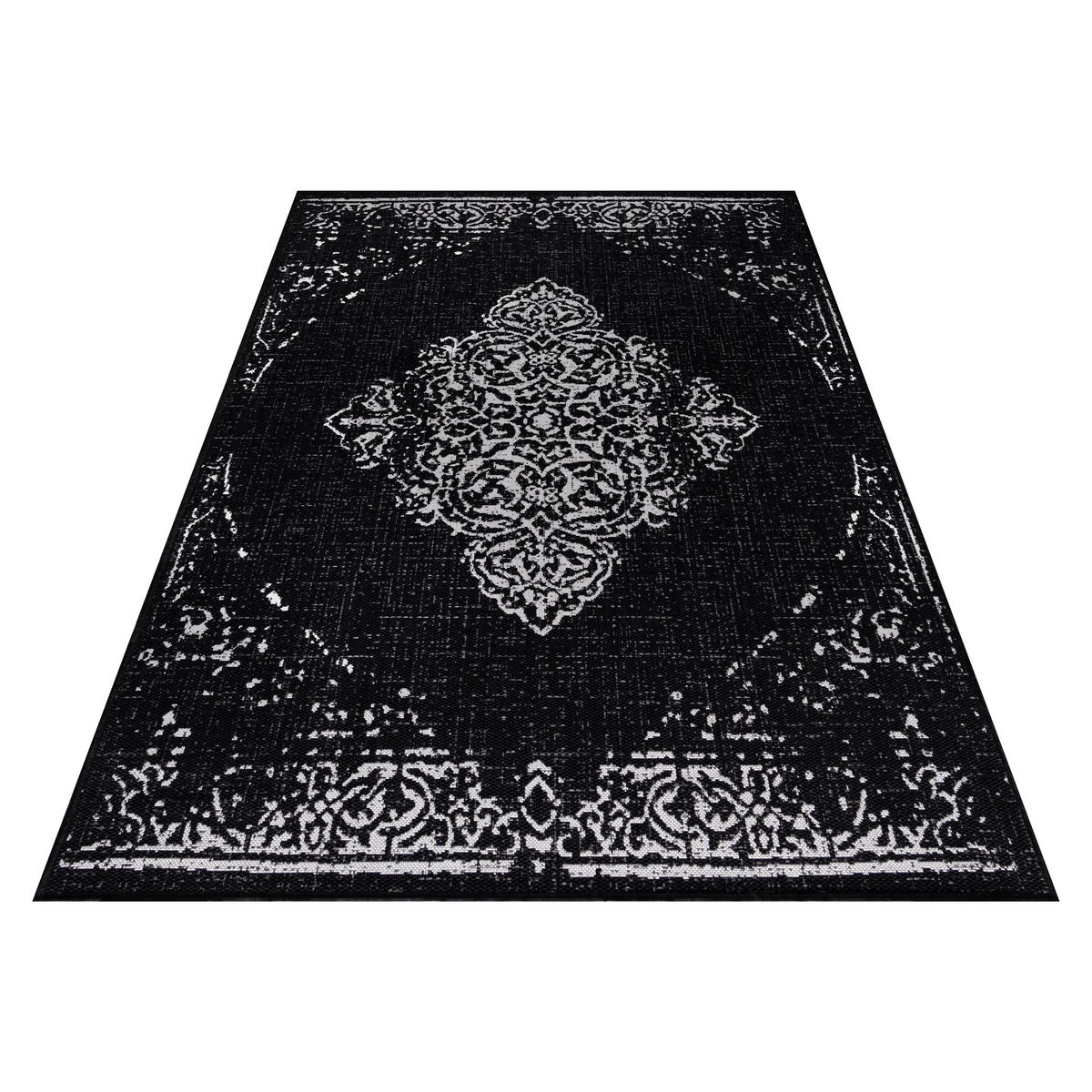 TEPPICH Outdoor Flachgewebe Vintage-Muster Polypropylen Balkon Schwarz Rechteckig 240x340 - Schwarz, Textil (240/340cm) - KADIMA DESIGN