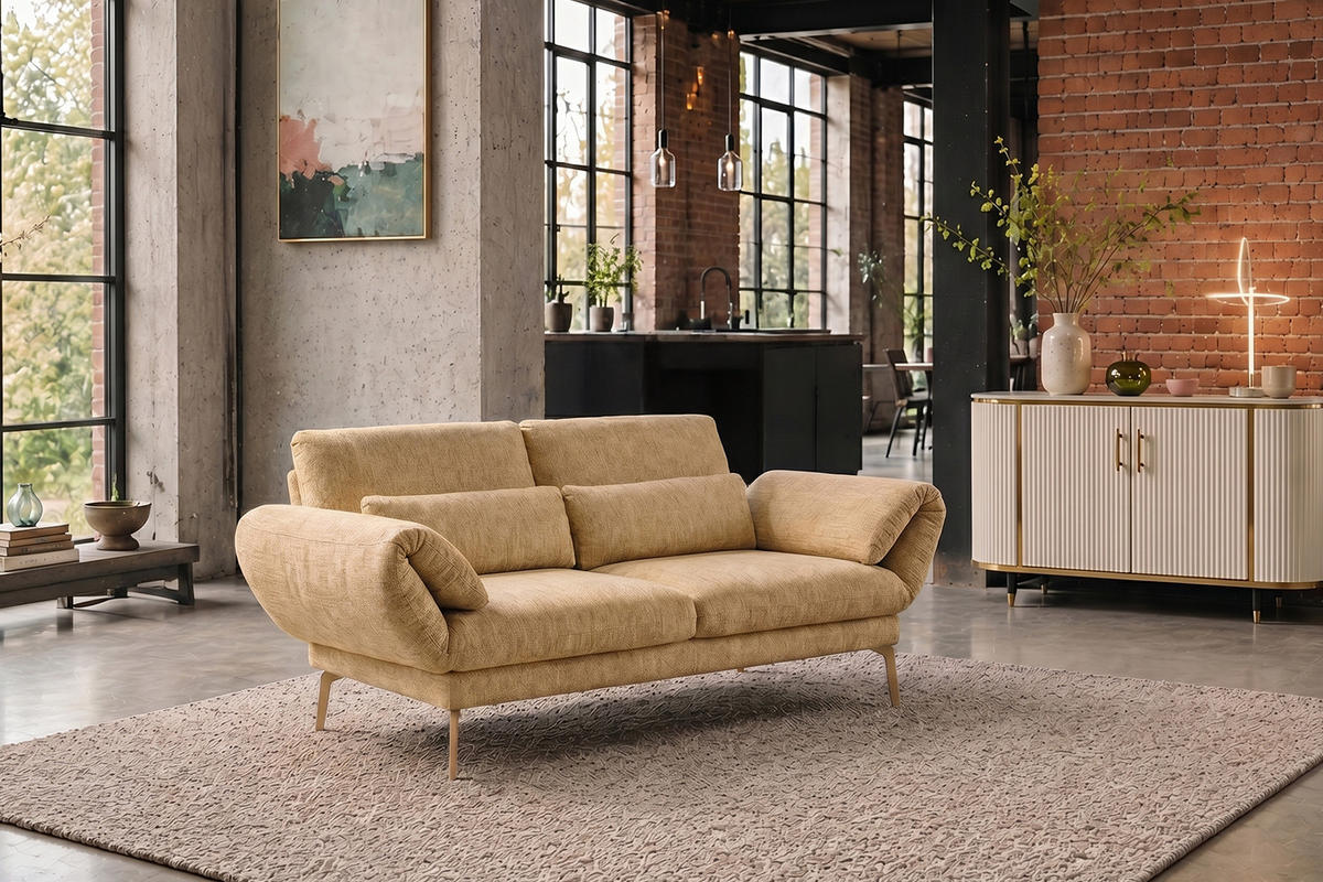 SOFA HOLLY Gelb Flachgewebe - Gelb/Braun, Textil/Metall (176/90/92cm) - KAWOLA