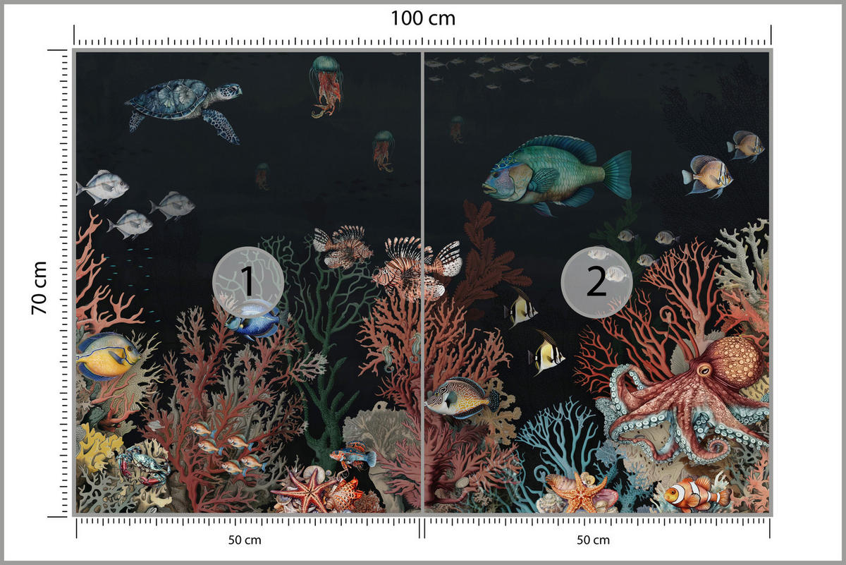 FOTOTAPETE für Badezimmer Bunter Unterwasser Pflanzen Riff Fische 100x70 - Rot/Schwarz, Papier (100/70cm) - Muralo