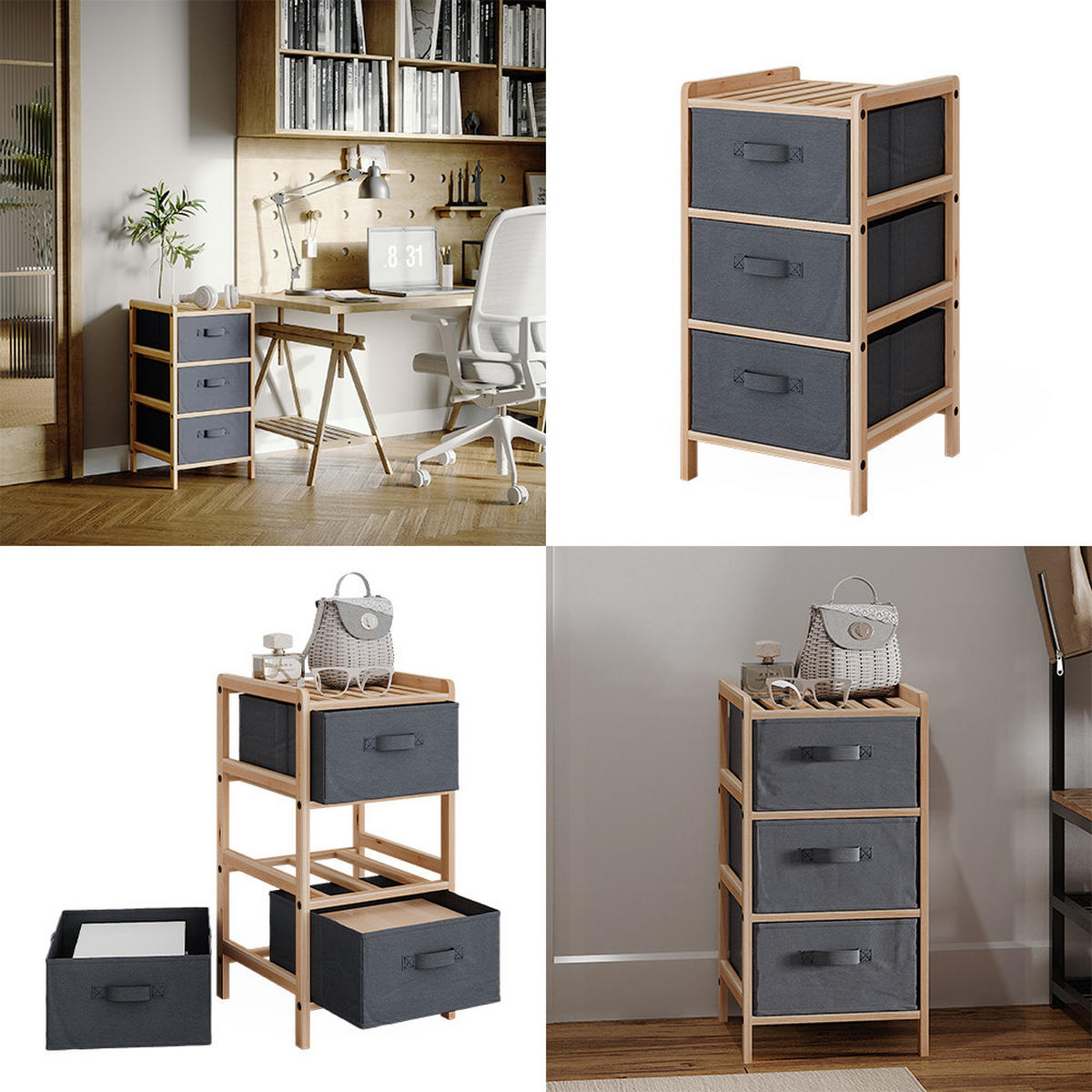 KOMMODE Bruno Grau 34.5 x 67 cm mit 3 Stoffschubladen - Naturfarben/Grau, Holzwerkstoff (34.5/67/36.5cm) - Vicco
